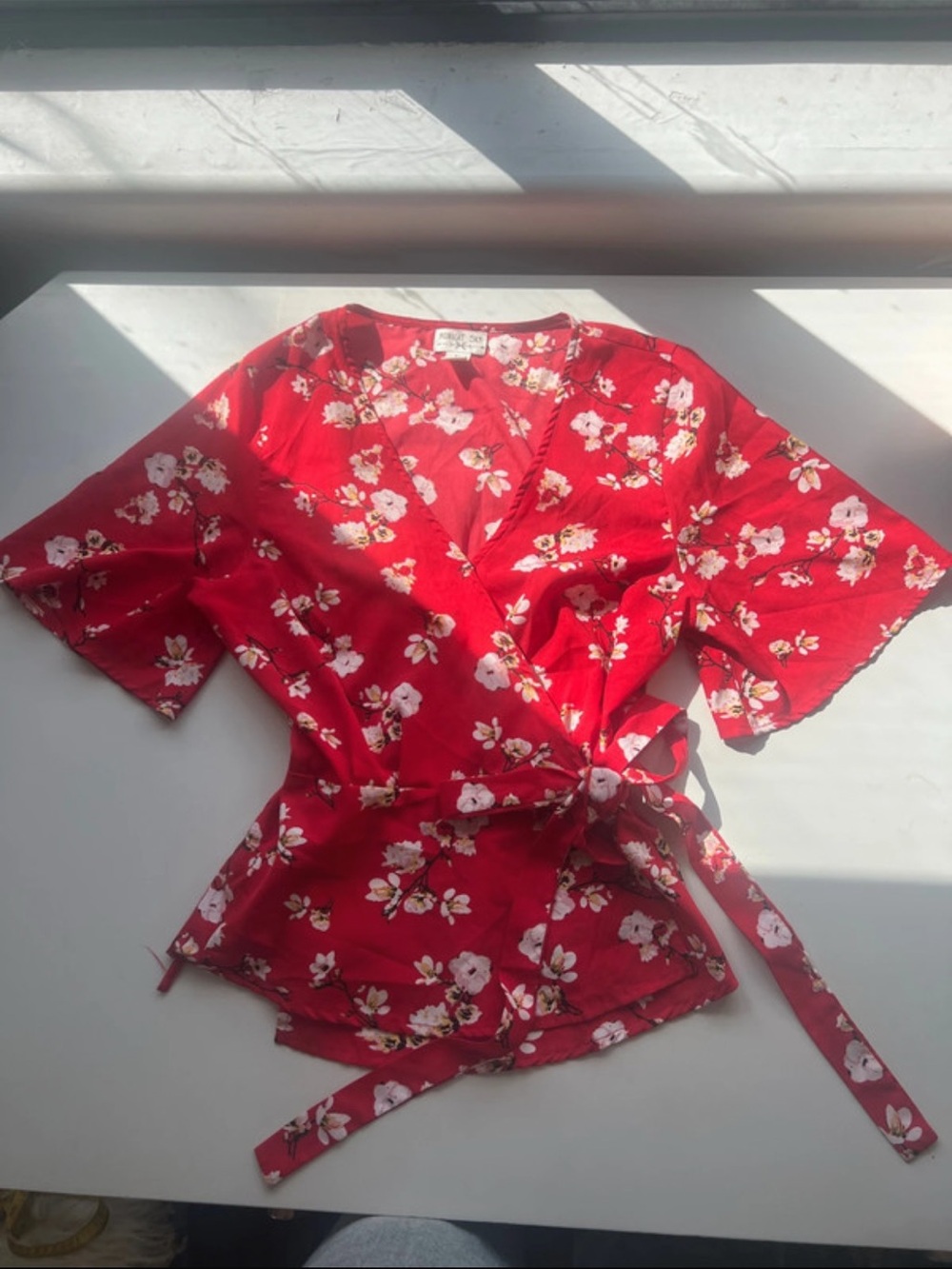 Women's Red Floral Wrap Blouse